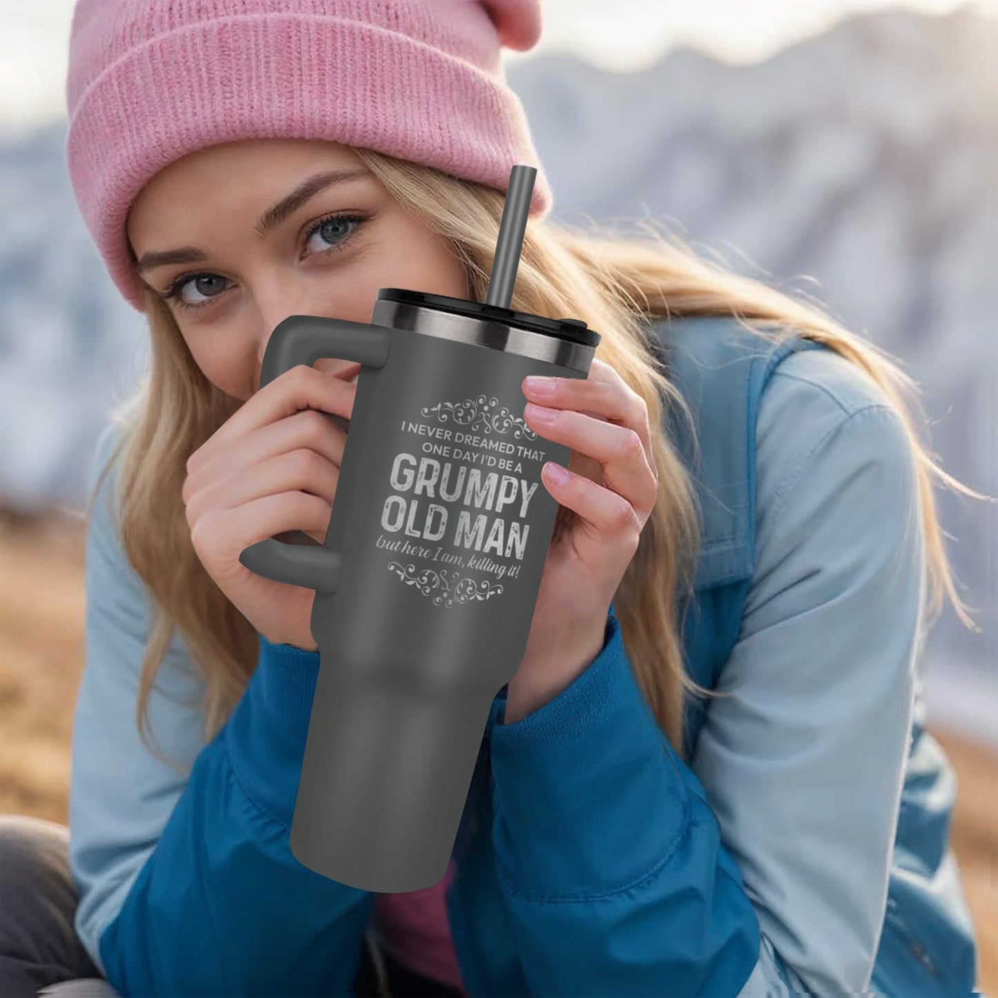Grumpy Old Man Tumbler – 40oz Insulated Travel Mug with Handle | Funny Husband Gift