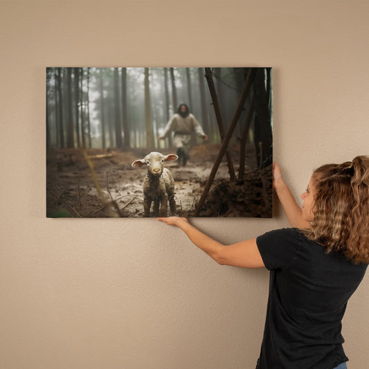 Jesus Chasing the Lost Lamb – 36x24 Wall Art Canvas | Christian Home Decor