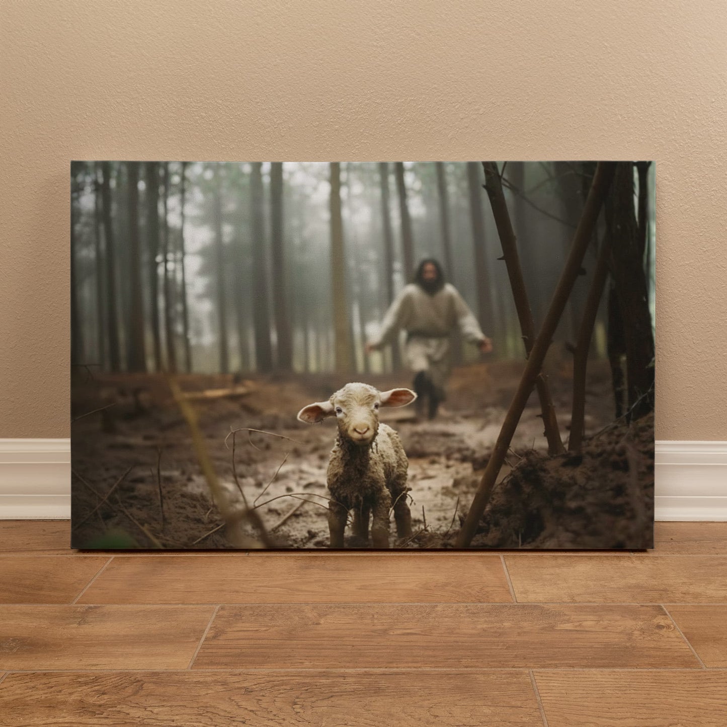Jesus Chasing the Lost Lamb – 36x24 Wall Art Canvas | Christian Home Decor