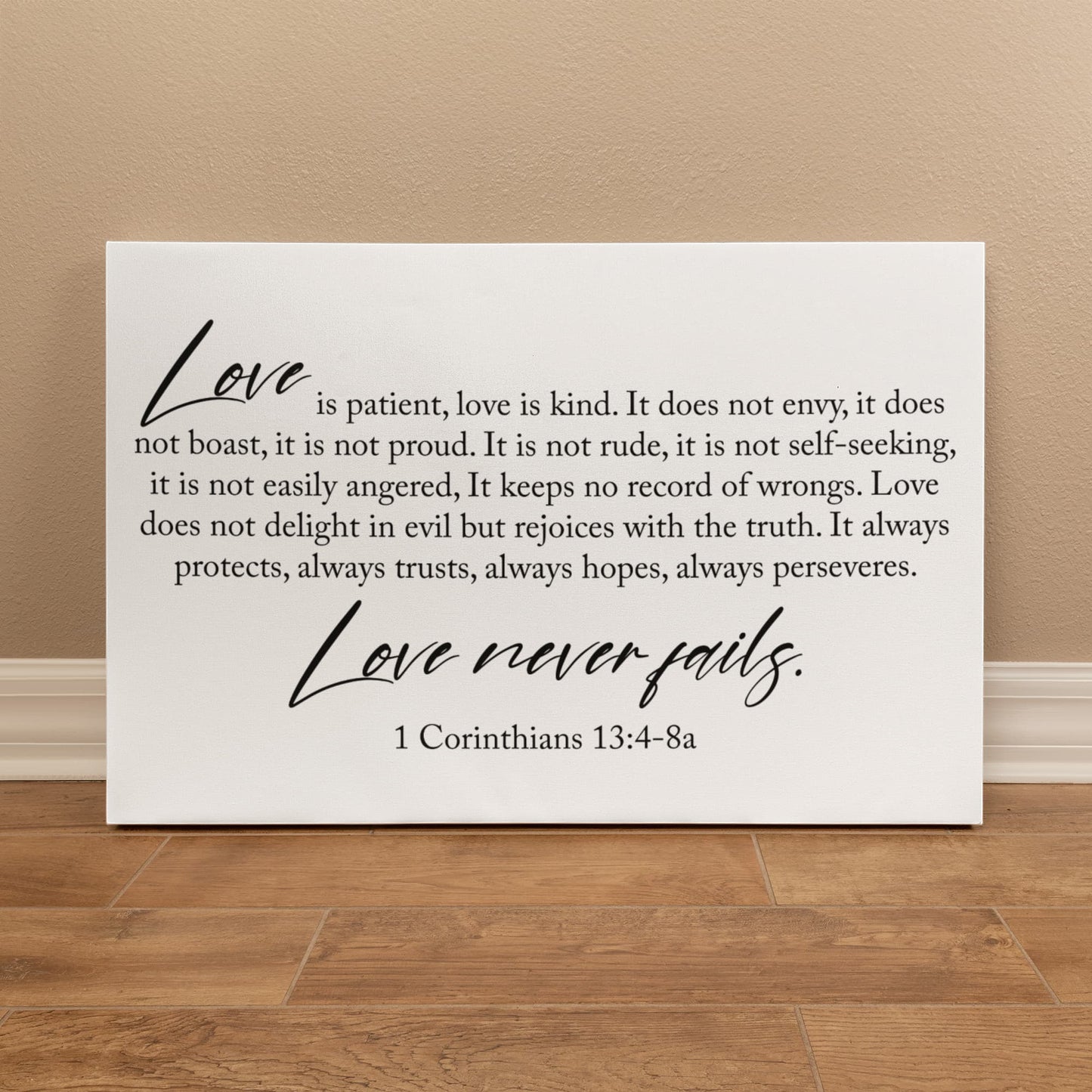 Love Never Fails Canvas Wall Art – 1 Corinthians 13 Christian Home Decor 35" x 24"