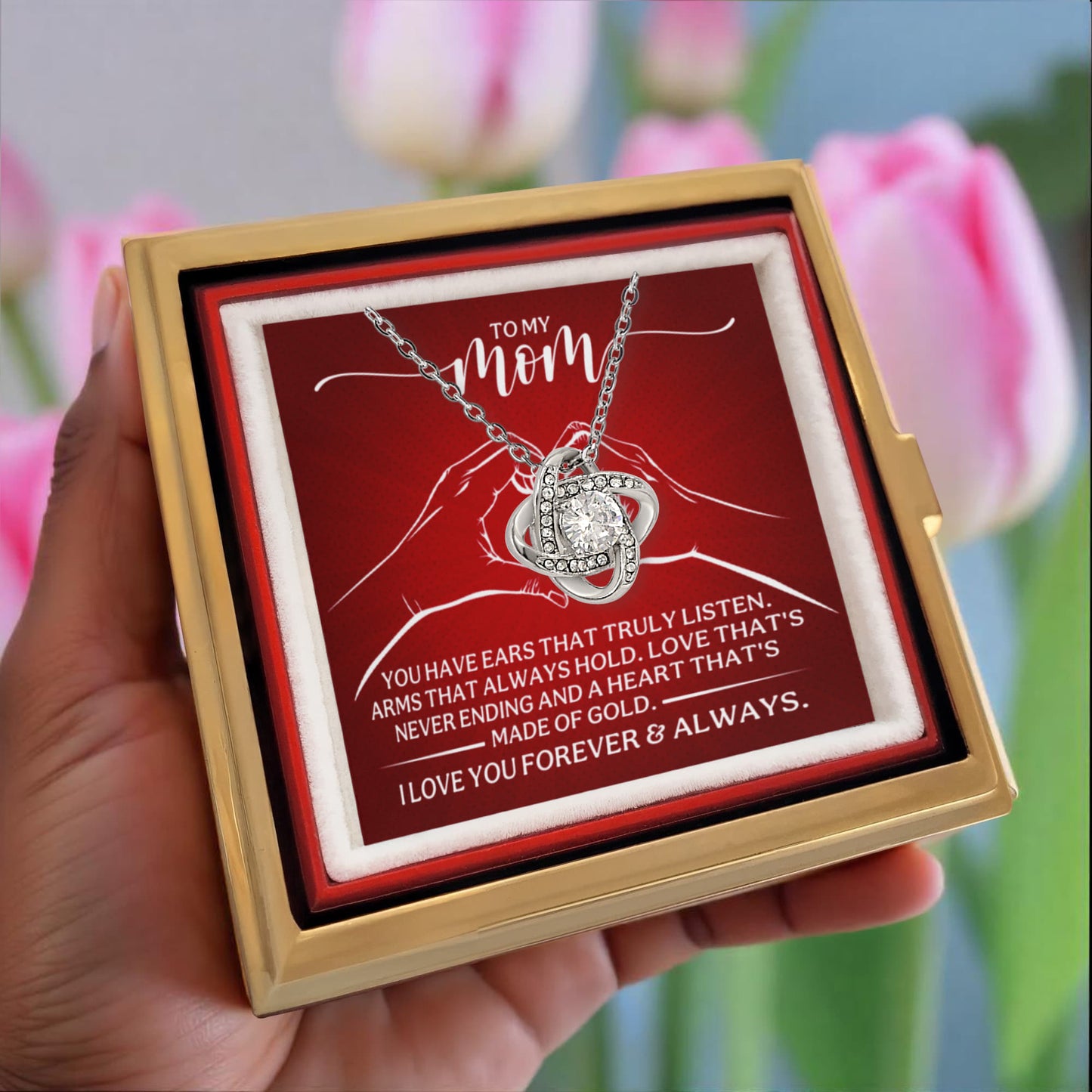 To My Mom – Heart Made of Gold (Rotating Rose Necklace)