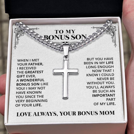 To My Bonus Son - Love Always, Your Bonus Mom (Cross Necklace)