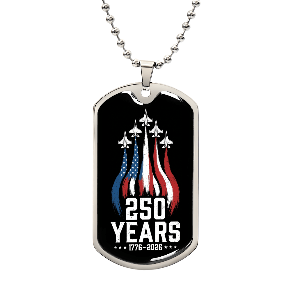 America 250 Years Dog Tag Necklace – Patriotic Fighter Jet Gift 1776-2026
