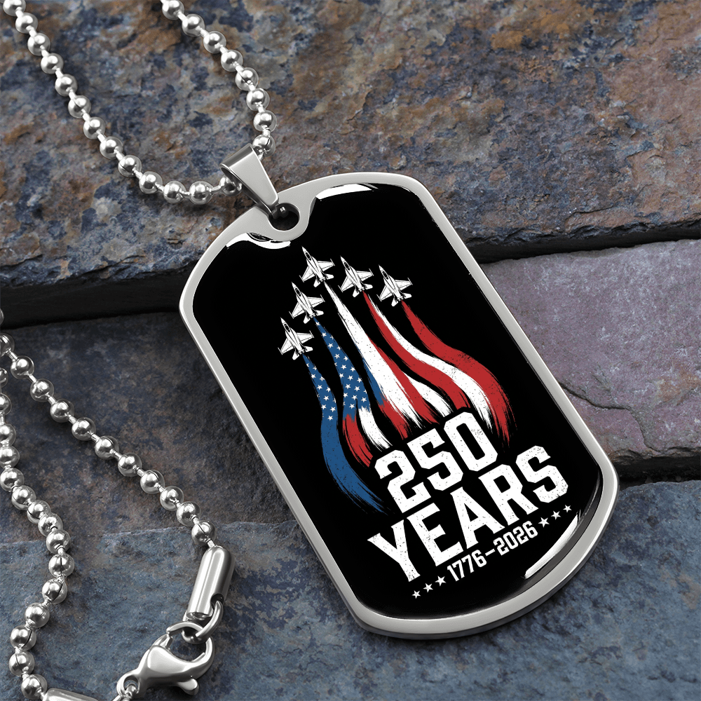 America 250 Years Dog Tag Necklace – Patriotic Fighter Jet Gift 1776-2026