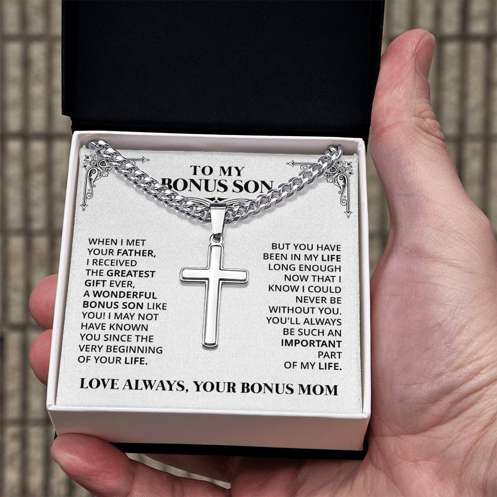 To My Bonus Son - Love Always, Your Bonus Mom (Cross Necklace)