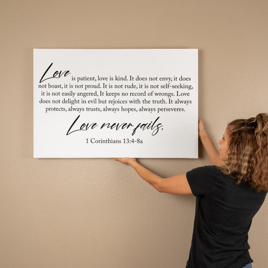 Love Never Fails Canvas Wall Art – 1 Corinthians 13 Christian Home Decor 35" x 24"