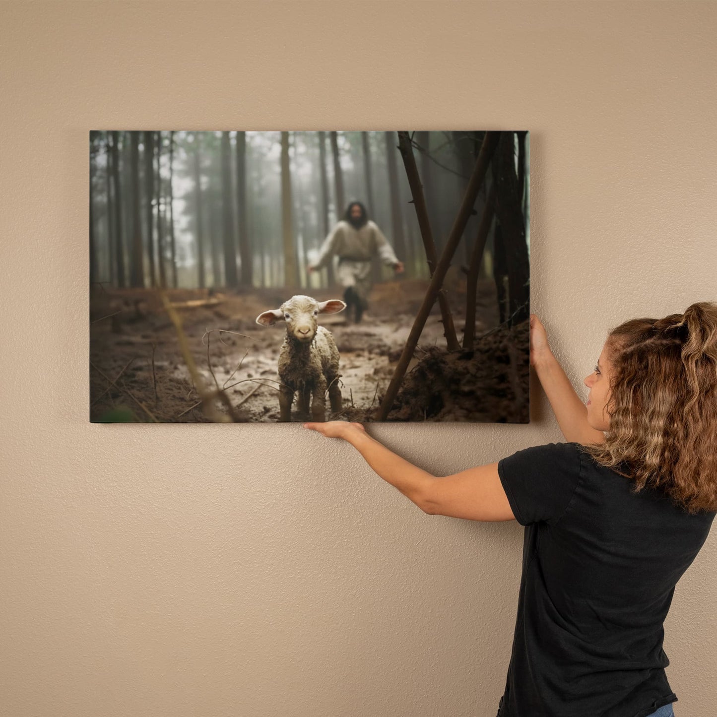 Jesus Chasing the Lost Lamb – 36x24 Wall Art Canvas | Christian Home Decor