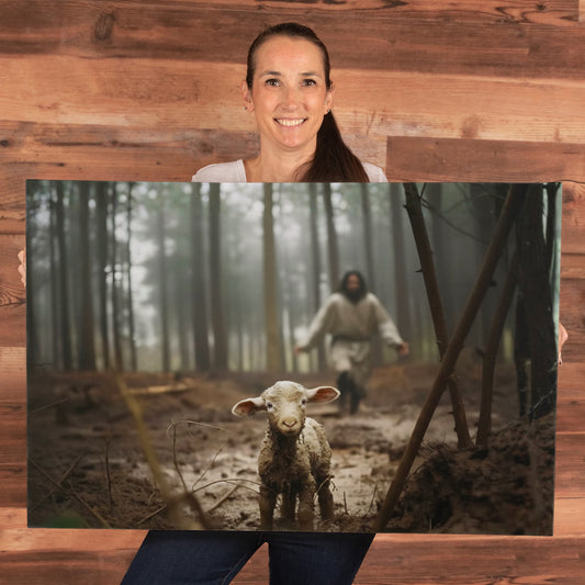 Jesus Chasing the Lost Lamb – 36x24 Wall Art Canvas | Christian Home Decor