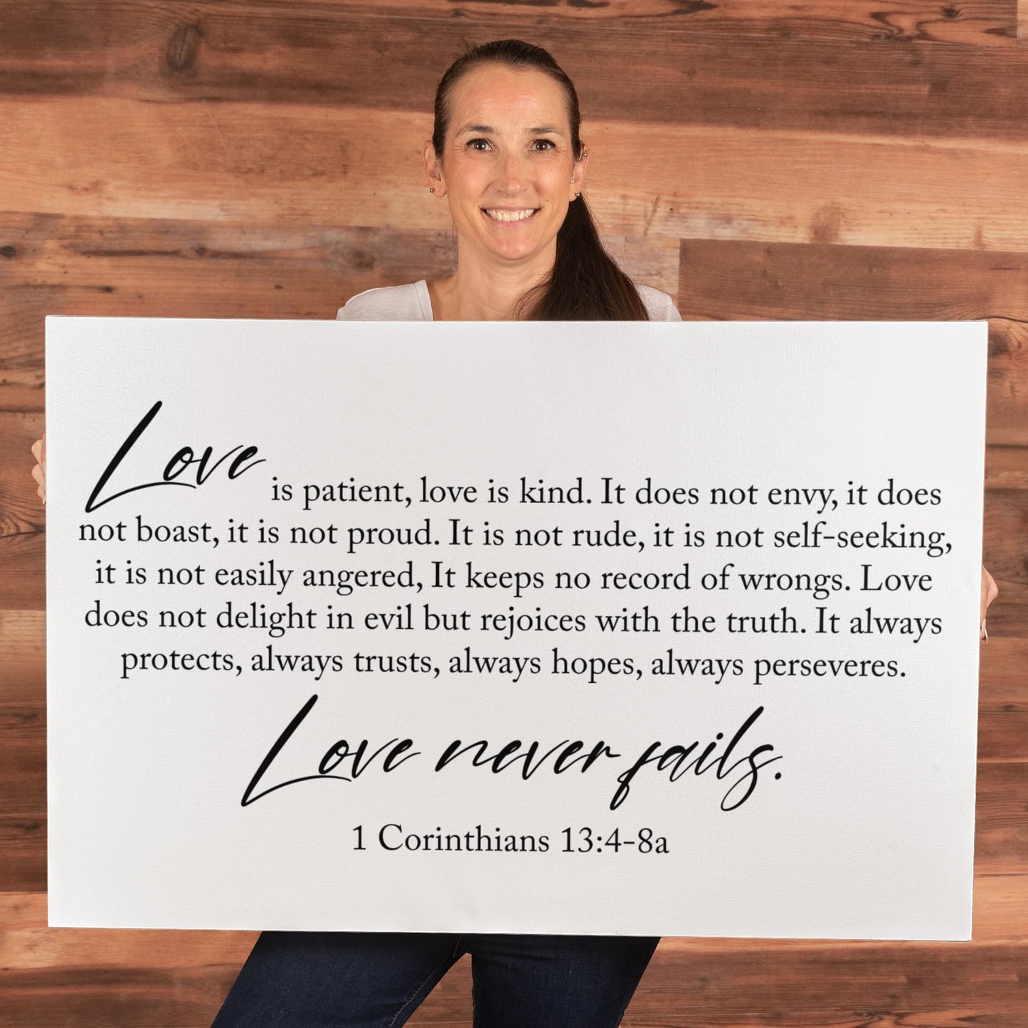 Love Never Fails Canvas Wall Art – 1 Corinthians 13 Christian Home Decor 35" x 24"