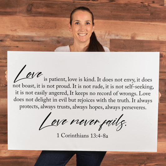Love Never Fails Canvas Wall Art – 1 Corinthians 13 Christian Home Decor 35" x 24"