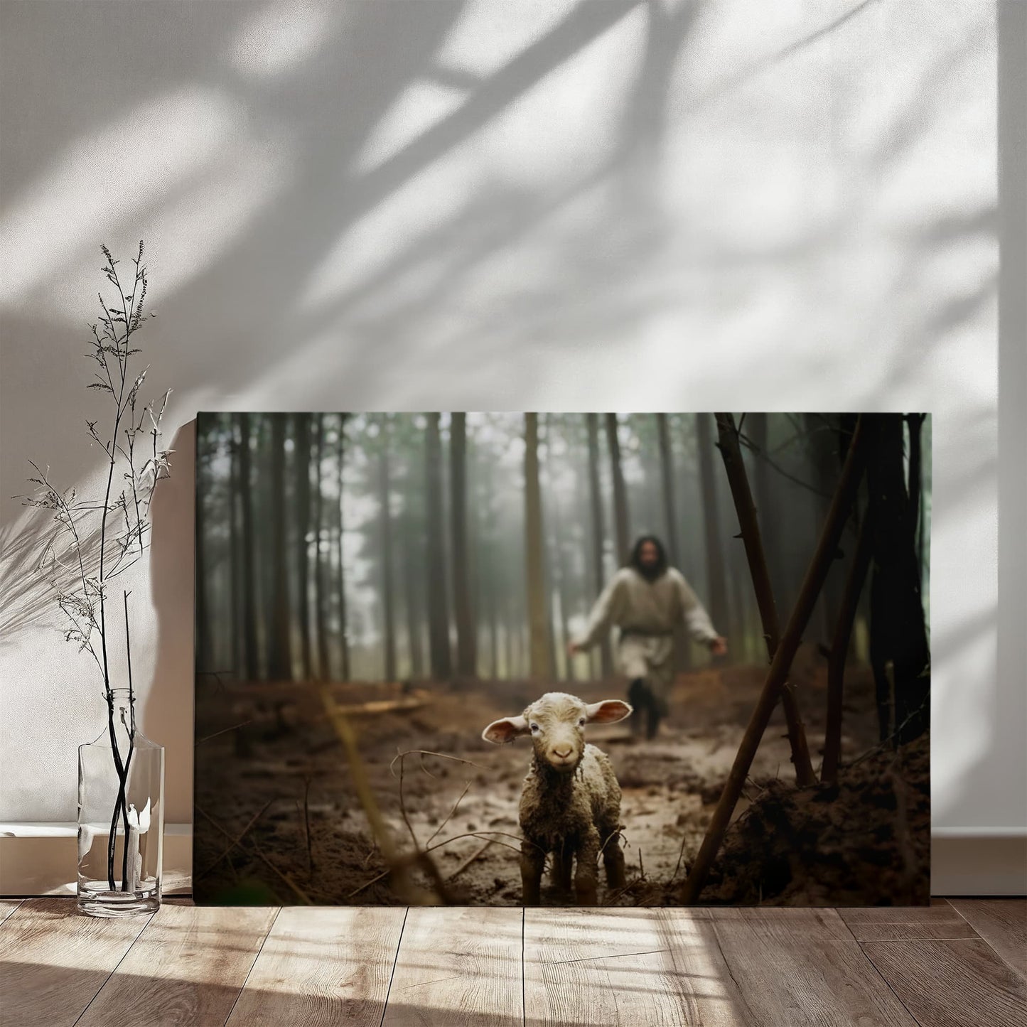 Jesus Chasing the Lost Lamb – 36x24 Wall Art Canvas | Christian Home Decor