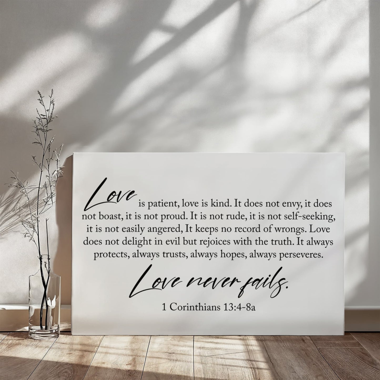 Love Never Fails Canvas Wall Art – 1 Corinthians 13 Christian Home Decor 35" x 24"