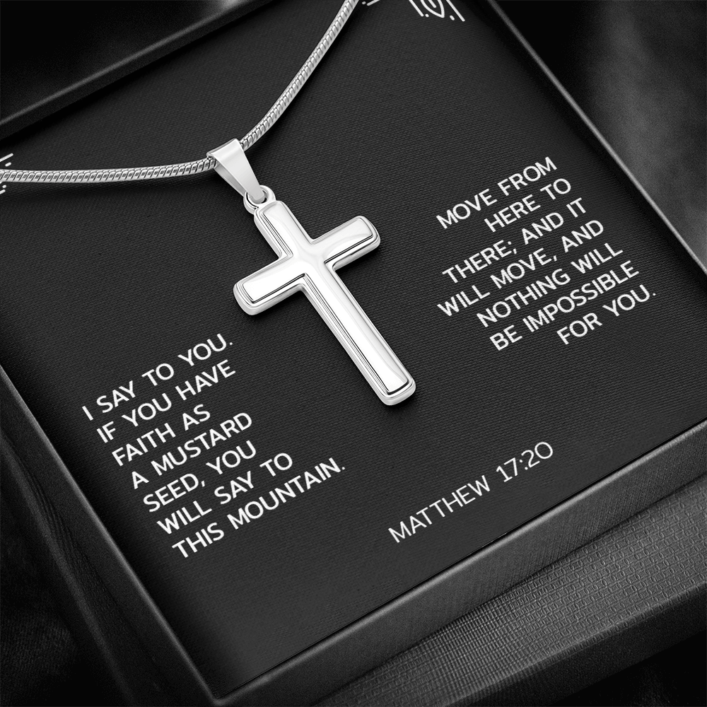 Faith Over Fear Artisan Cross Necklace – Matthew 17:20 Inspirational Gift