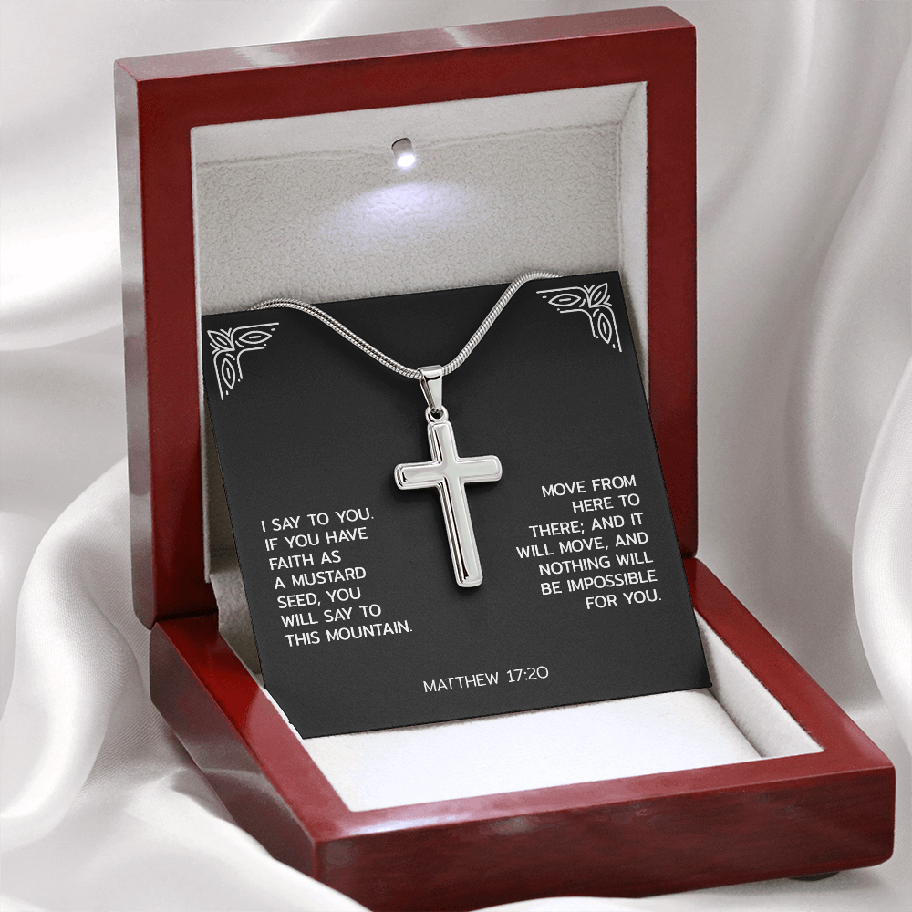 Faith Over Fear Artisan Cross Necklace – Matthew 17:20 Inspirational Gift